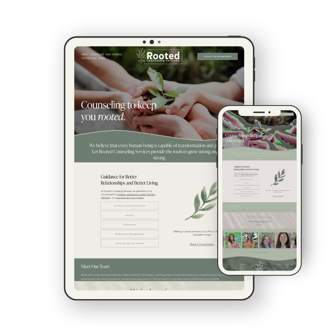 Screenshot of a counseling services website called Rooted Counseling Services, showing a main page with an image of hands holding a small plant, and website sections about services and team.