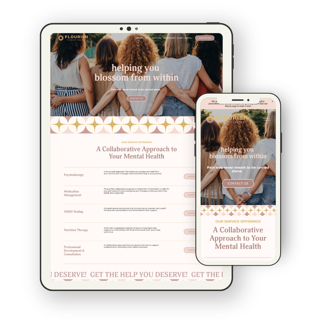 Screenshot of a website displayed on a large tablet and a smartphone. The website belongs to Flourish Therapy Center, showing a group of women hugging outdoors, with headlines about mental health services, including psychotherapy, medication management, ADHD testing, nutrition therapy, and professional development.