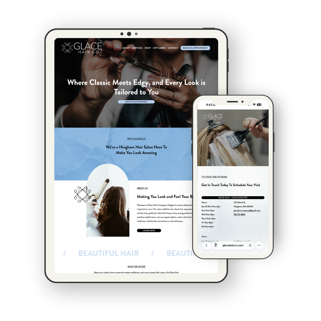 Website displaying a hair salon, showing the homepage on a tablet and a scheduling page on a mobile phone, with images of hairdressing and salon services.
