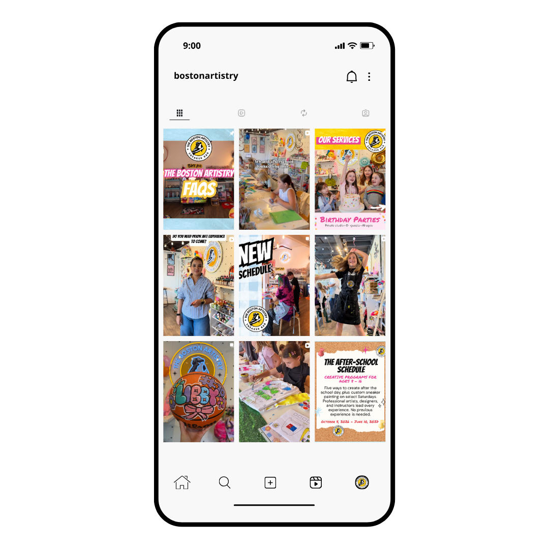 Instagram profile page of Boston Artistry, featuring children creating art, birthday party scenes, schedule announcements, and activity images in a colorful art studio.