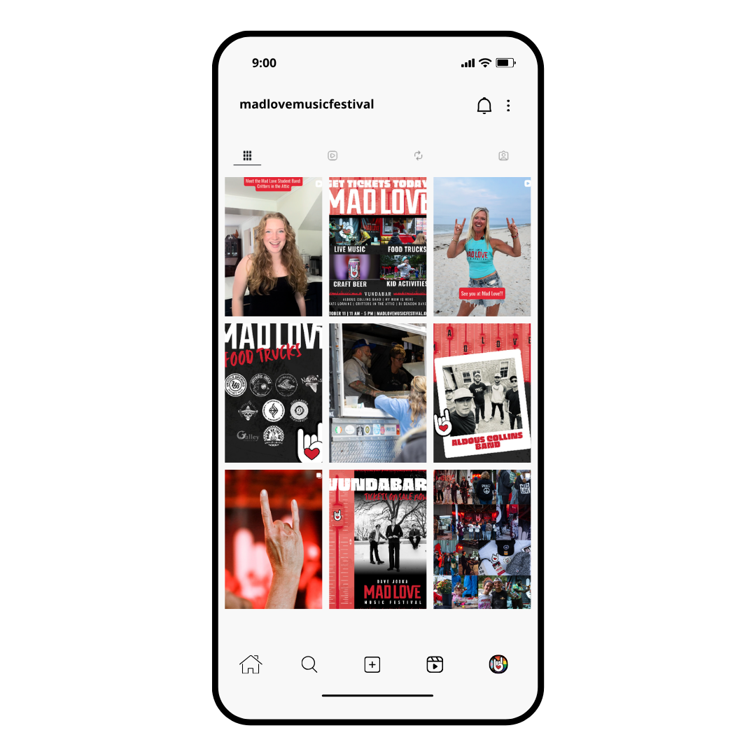 Screenshot of an Instagram profile page named 'madlovemusicfestival' showing various posts related to a music festival, featuring images of people, event tickets, and promotional graphics.