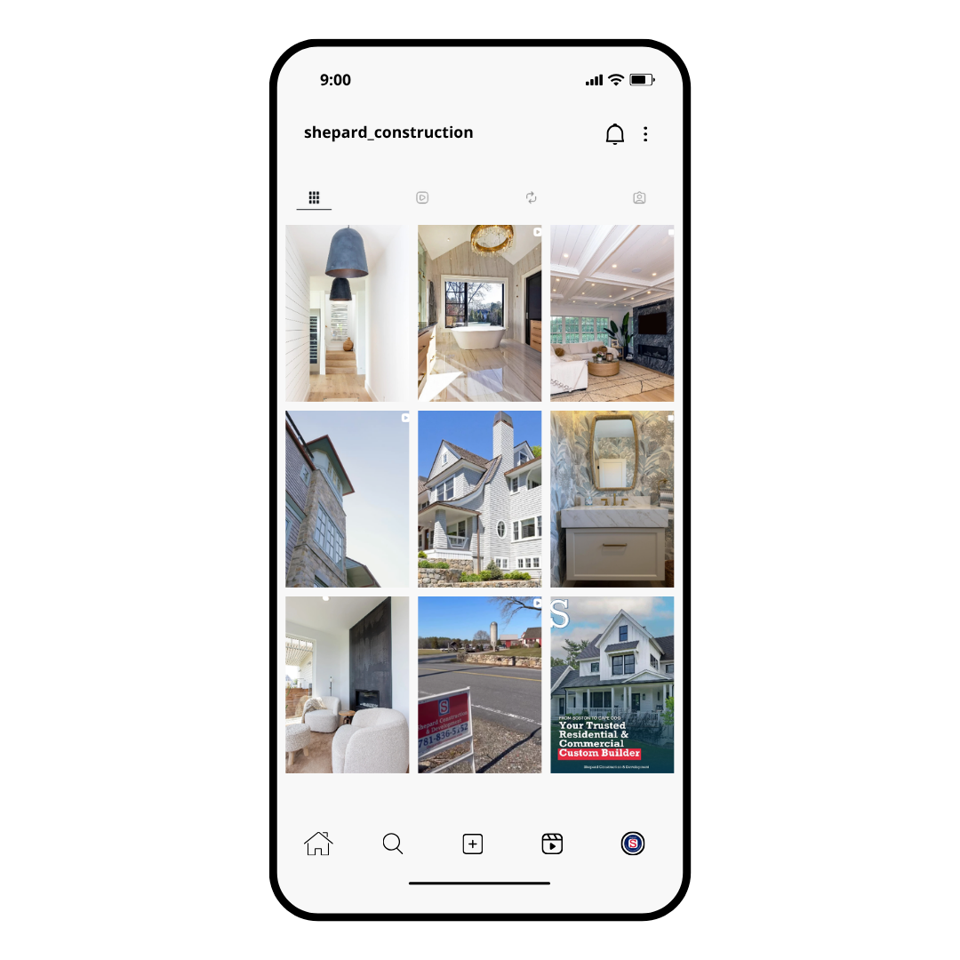 Instagram profile page named 'shepard_construction' showing various images of interior and exterior home design and construction projects, including a hallway, bathroom, living room, house exteriors, and a real estate sign.