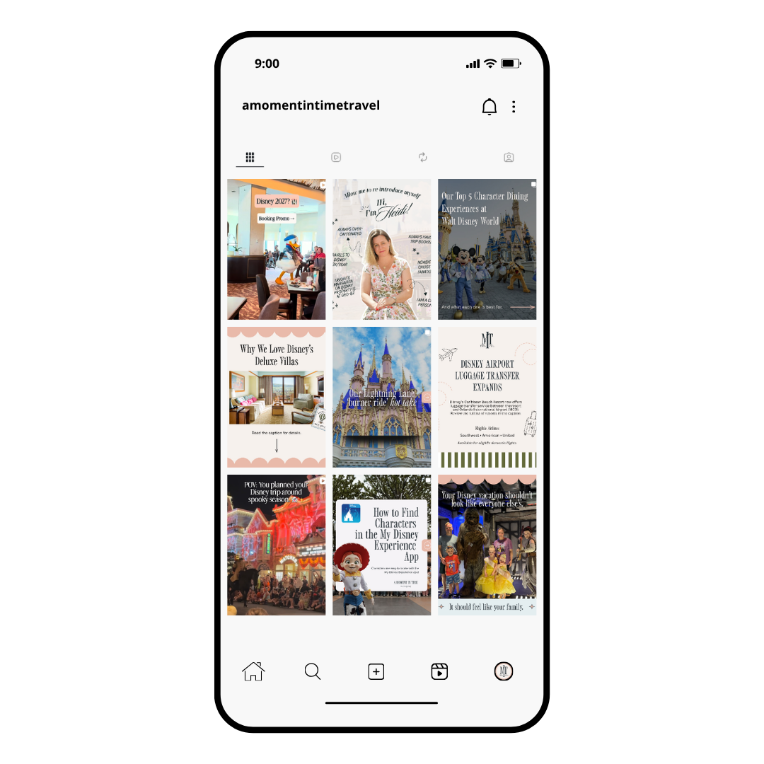 Screenshot of a mobile phone displaying a social media page related to Disney travel, featuring various articles and images about Disney parks, resorts, and travel tips.