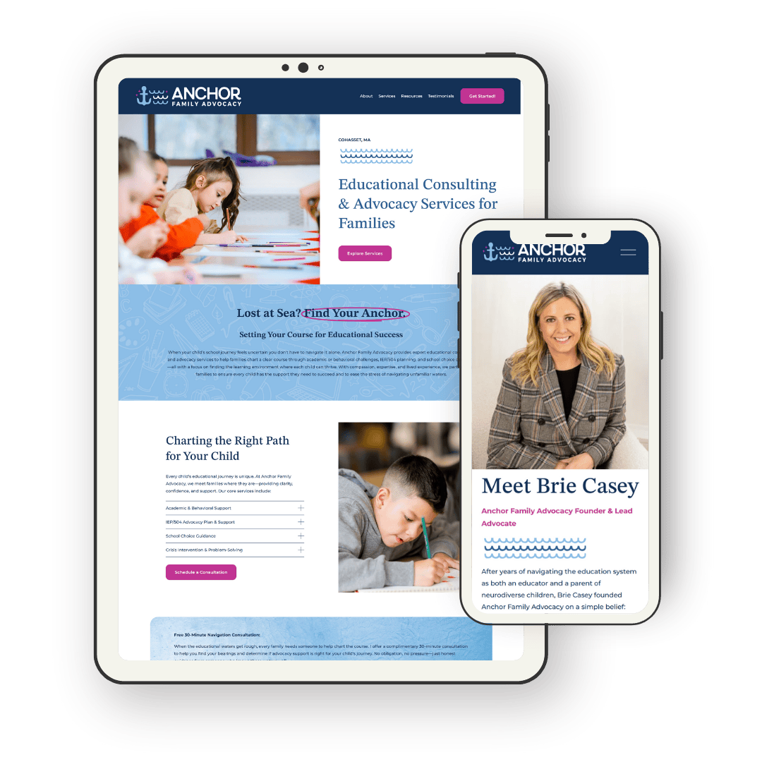 Website design on tablet and smartphone screens for Anchor Family Advocacy, featuring images of children studying and a blonde woman in a blazer and text about their services and experience.