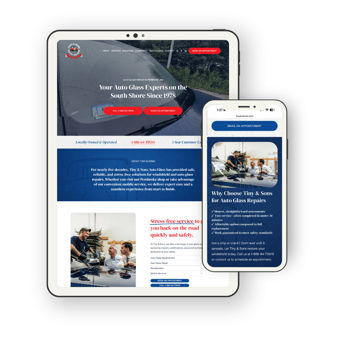 Website design on tablet and smartphone screens for Tiny & Sons, featuring a car and windshield and auto repair person with clients text about their services and experience.