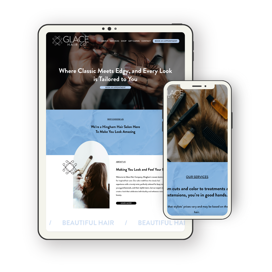 Responsive website displayed on a tablet and a smartphone for a hair salon called Glace Hair Co. The website shows images of hair styling tools and services, with text about the salon's offerings and appointment booking.