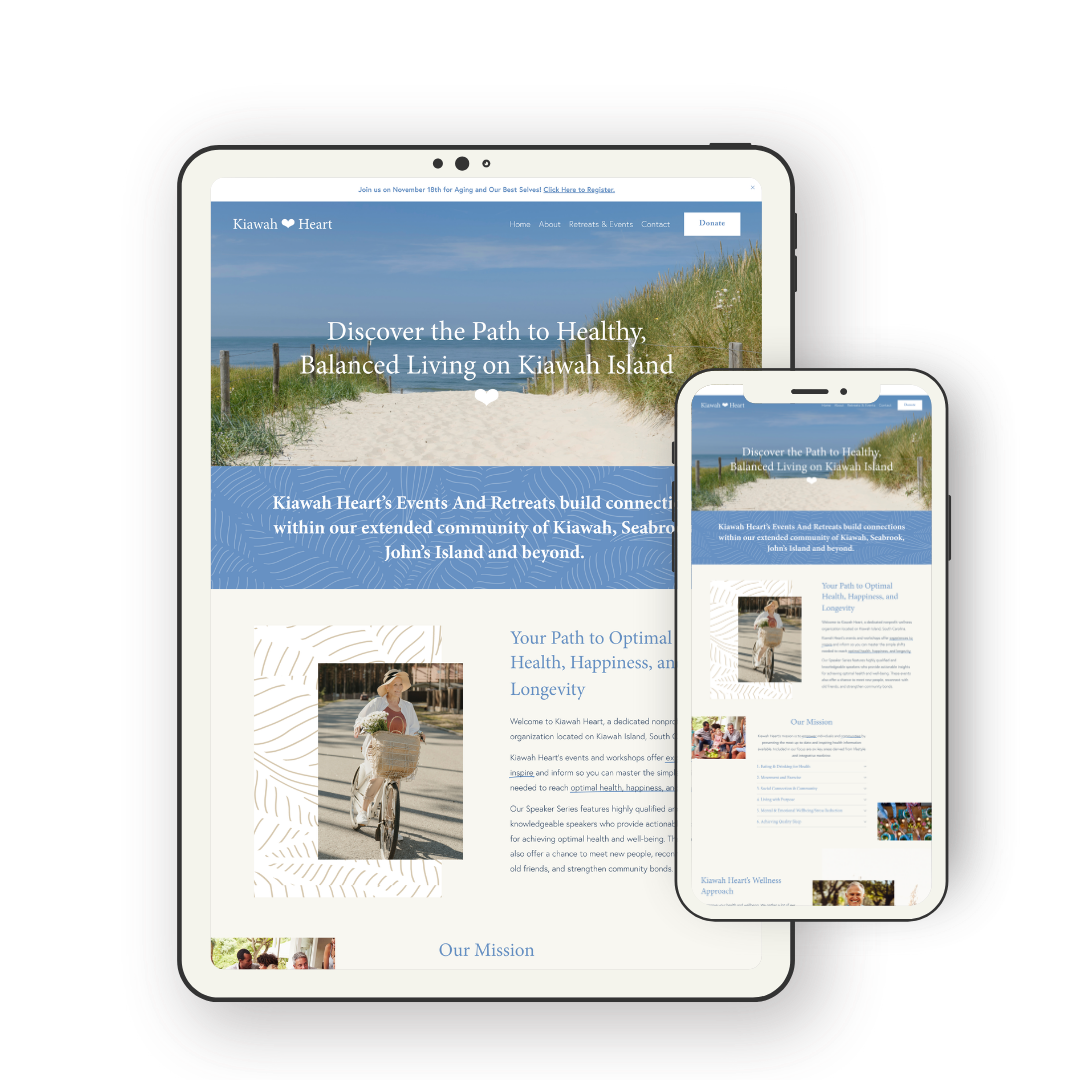 A tablet and smartphone displaying the website for Kiawah Heart, with a beach scene of sand dunes and blue skies as the background.