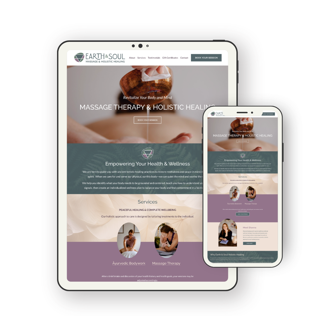 A digital screenshot of a website displayed on a tablet and a smartphone. The website, Earth & Soul Massage & Holistic Healing, features a large header image of a massage with a stone and white cream. The text on the site includes the title 'Revitali