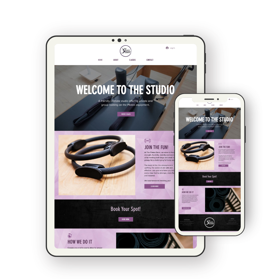 Responsive website for a Pilates studio displayed on a tablet and smartphone, featuring a welcoming message, class booking options, and images of Pilates equipment.