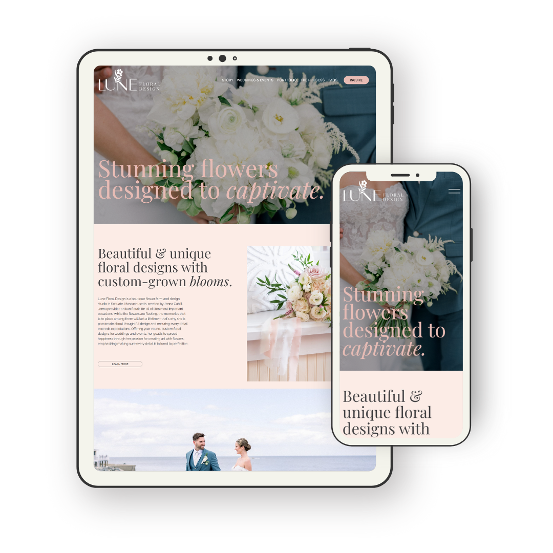 A tablet and smartphone display a floral design website called Lune Floral Design, showcasing wedding flowers on a clean, elegant page with floral images and text about floral arrangements.