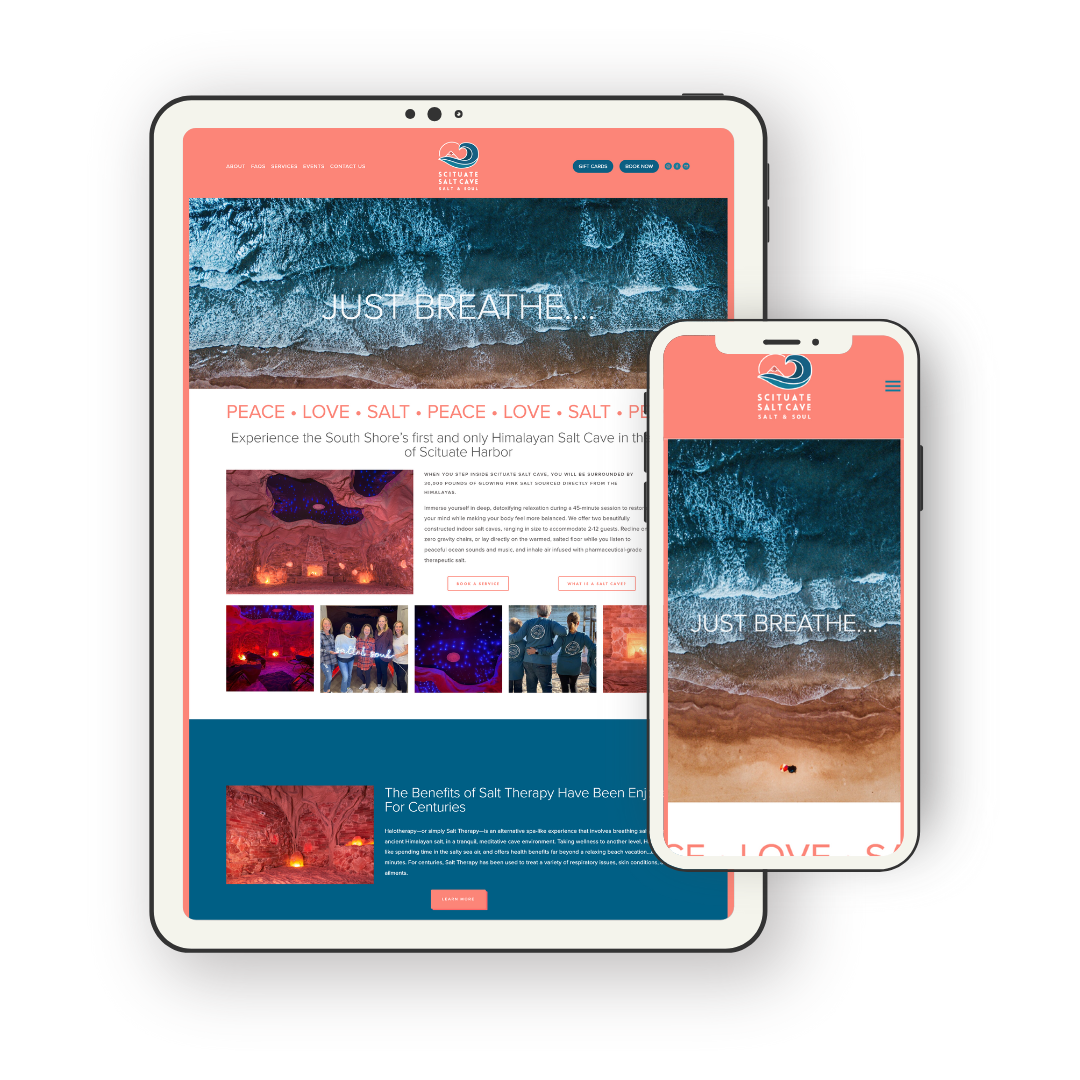 Website displayed on a tablet and smartphone for Scituate Salt Cave, featuring an ocean shoreline background with the text "Just Breathe" and an interior photo of the salt cave with purple lighting.