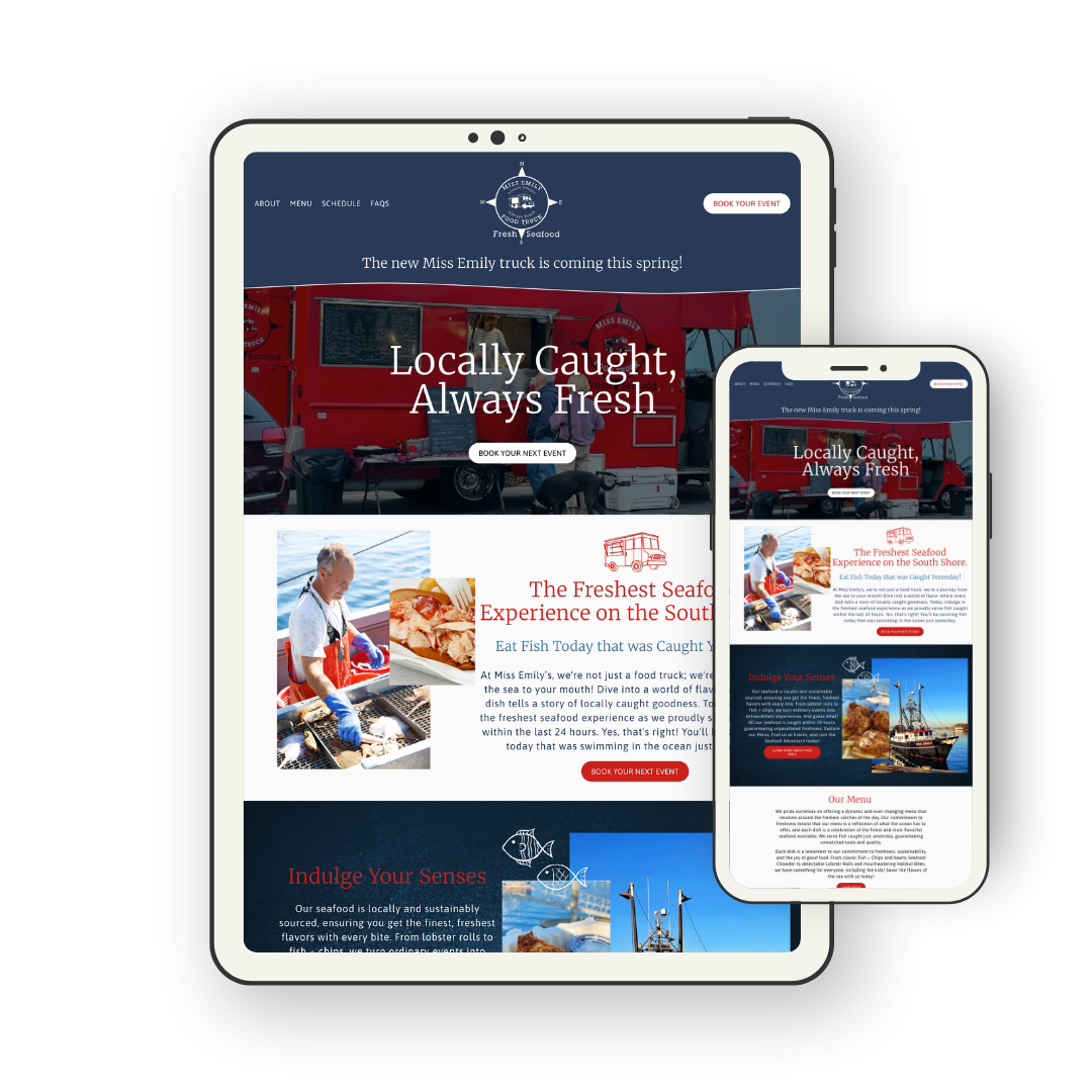 Responsive website and mobile view of Miss Emily seafood food truck menu with images of seafood, seafood truck, and ocean.