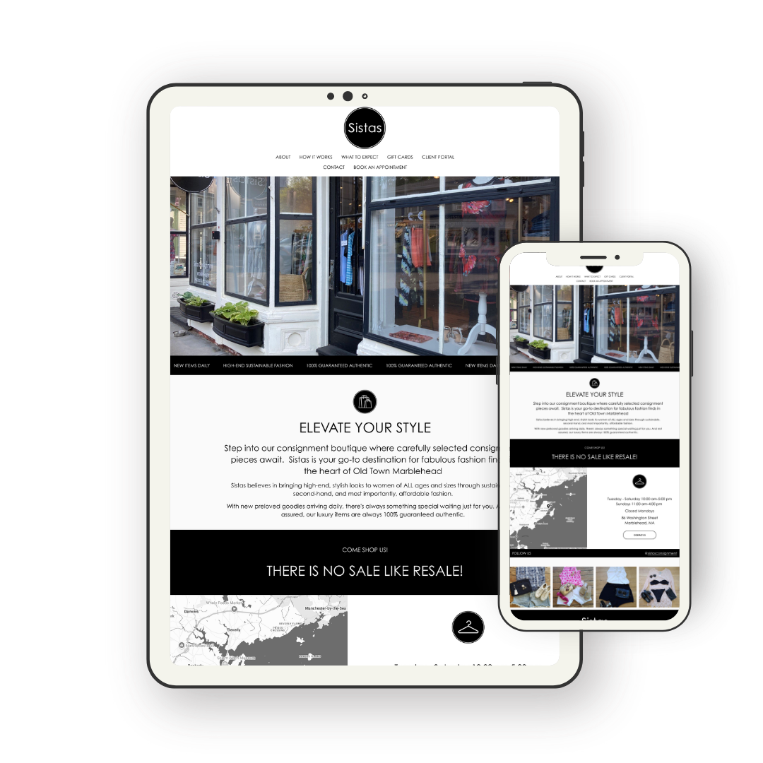 Website displayed on tablet and phone, featuring a boutique clothing store with storefront windows, hanging clothes, and promotional text about fashion.
