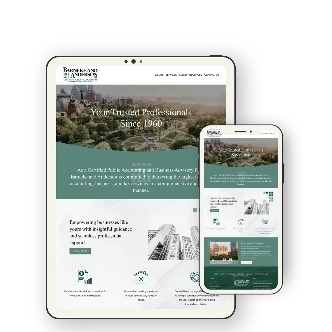 Responsive website displayed on a tablet and a smartphone for Barneke and Anderson, a certified public accounting firm, featuring a city park and skyline in the background with business services text.