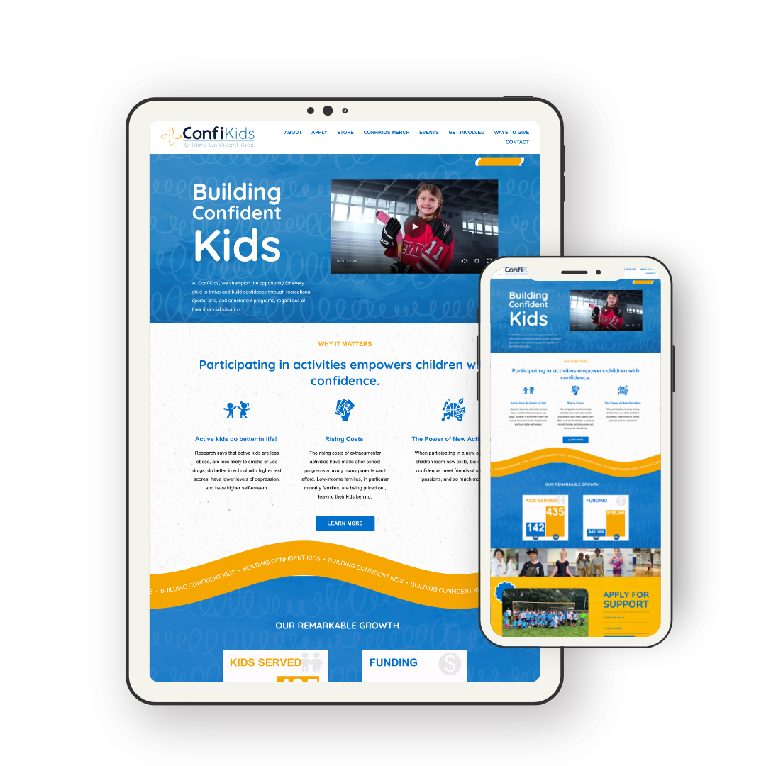 Website homepage for Confikids on a tablet and smartphone screens, featuring a blue background with children, text about building confident kids, and a video thumbnail of a smiling girl in a hockey jersey.