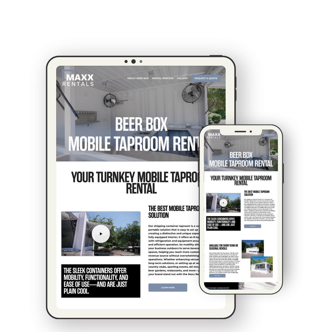 Website preview of MAXX Rentals mobile taproom rental service displaying a mobile unit called 'Beer Box' on a tablet and smartphone.