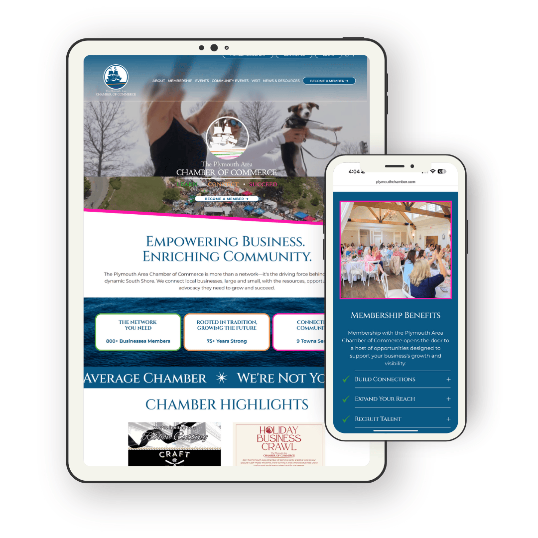 Website design on tablet and smartphone screens for Plymouth Chamber of Commerce, featuring images of a couple doing yoga on the beach and a conference of women and text about their services.