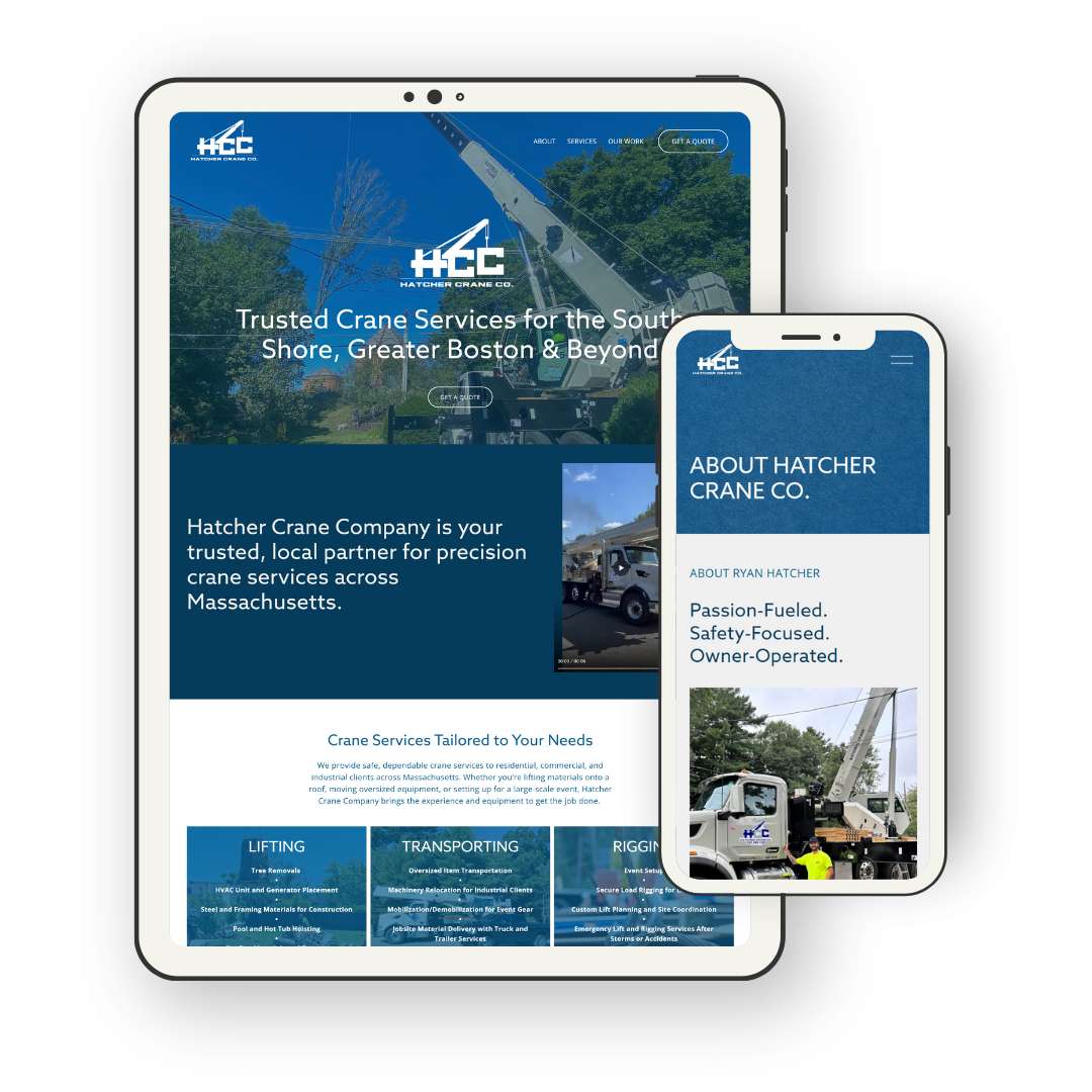 Website displayed on a tablet and smartphone screens for Hatcher Crane Co., showing crane services in Massachusetts with images of cranes and workers.