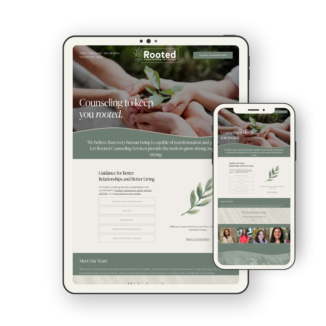A responsive website for Rooted Counseling Services displayed on a tablet and a smartphone. The site has a green and white color theme, with an image of hands holding a small plant, emphasizing growth and support.