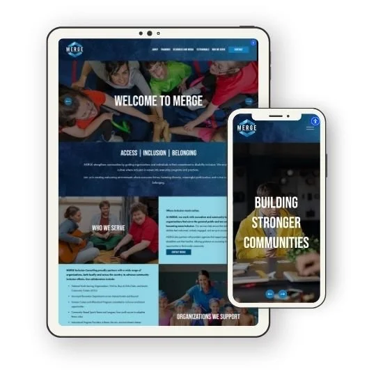 Digital images of a tablet and smartphone displaying a community organization's website with a blue theme, featuring images of people, text about building stronger communities, and tabs for navigation.