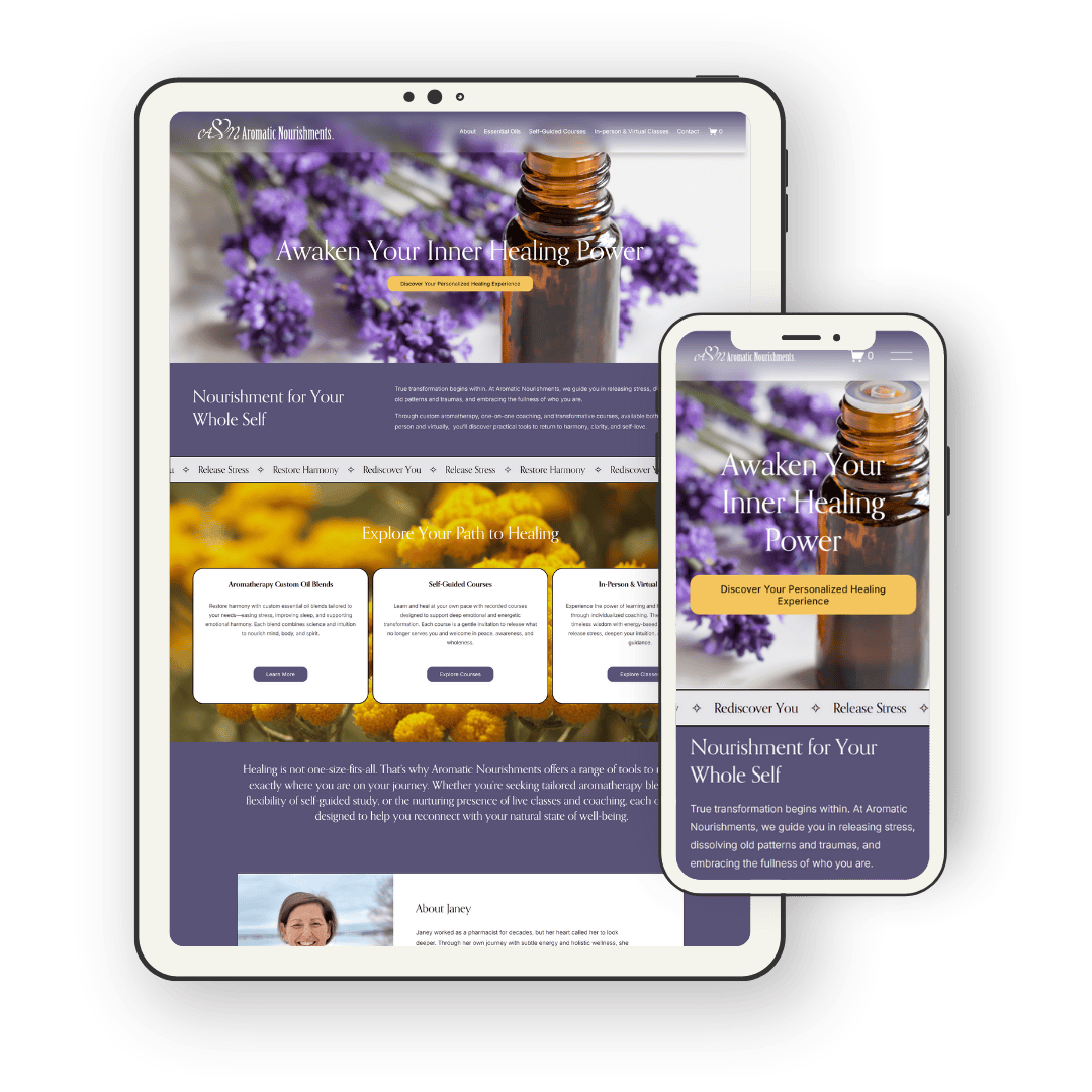 Website design on tablet and smartphone screens for Aromatic Nourishment, featuring flowers and essential oils and text about their services and experience.