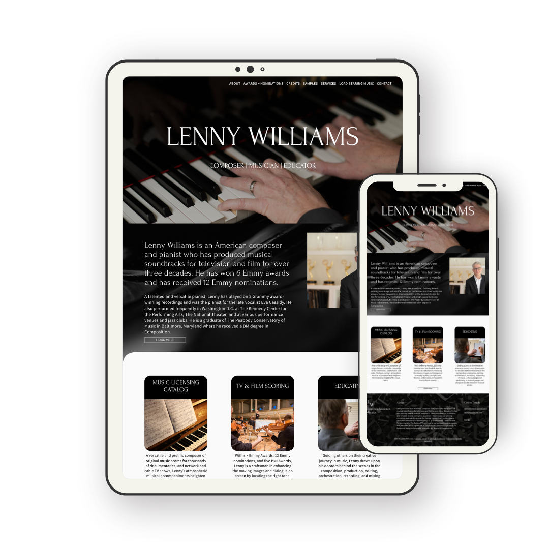 Website displayed on both tablet and smartphone screens for Lenny Williams, an American composer, musician, and educator, featuring a photo of hands playing a piano and sections about his awards and work.