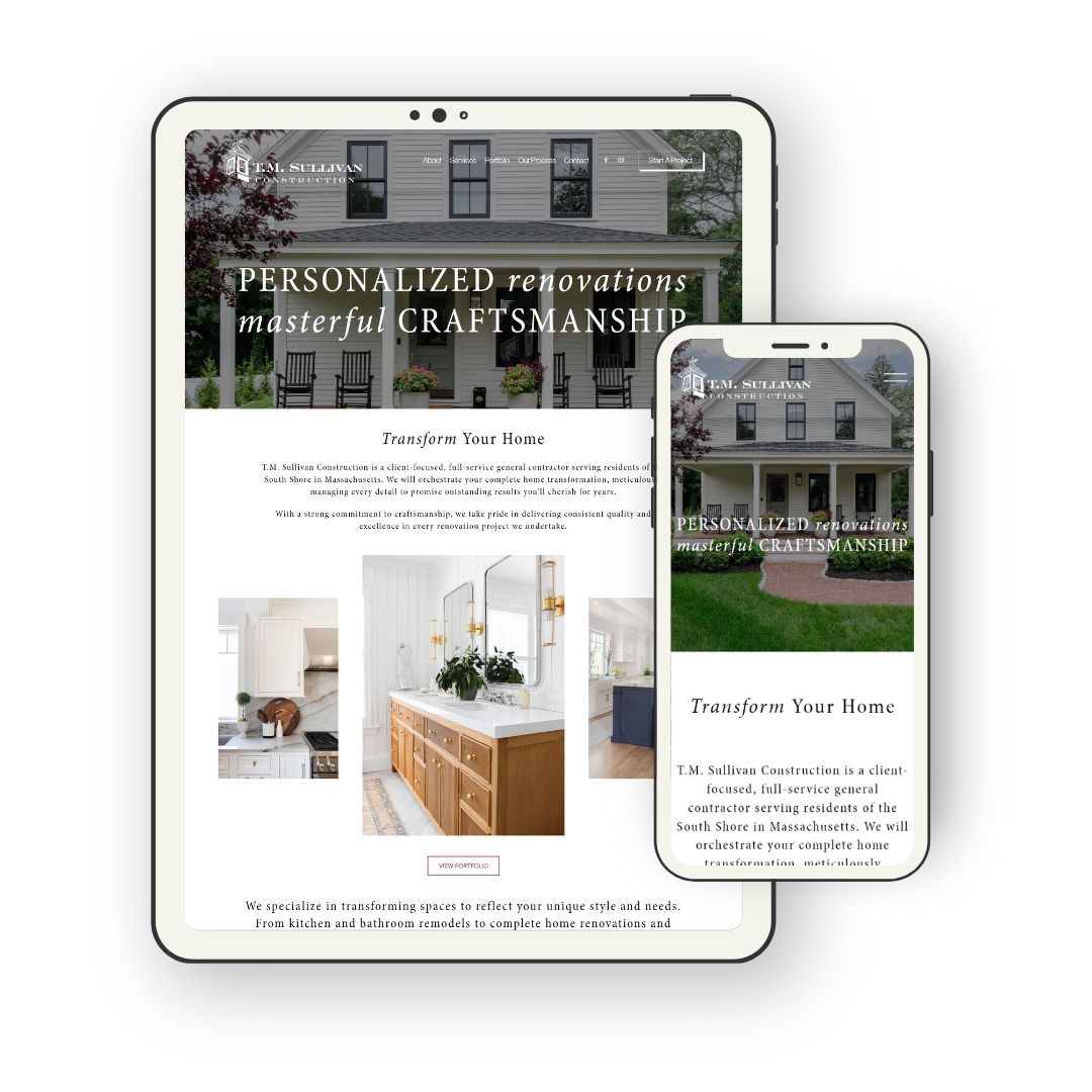 Responsive website displayed on a tablet and smartphone for T.M. Sullivan Construction, featuring home renovation services, with images of interior and exterior home spaces.