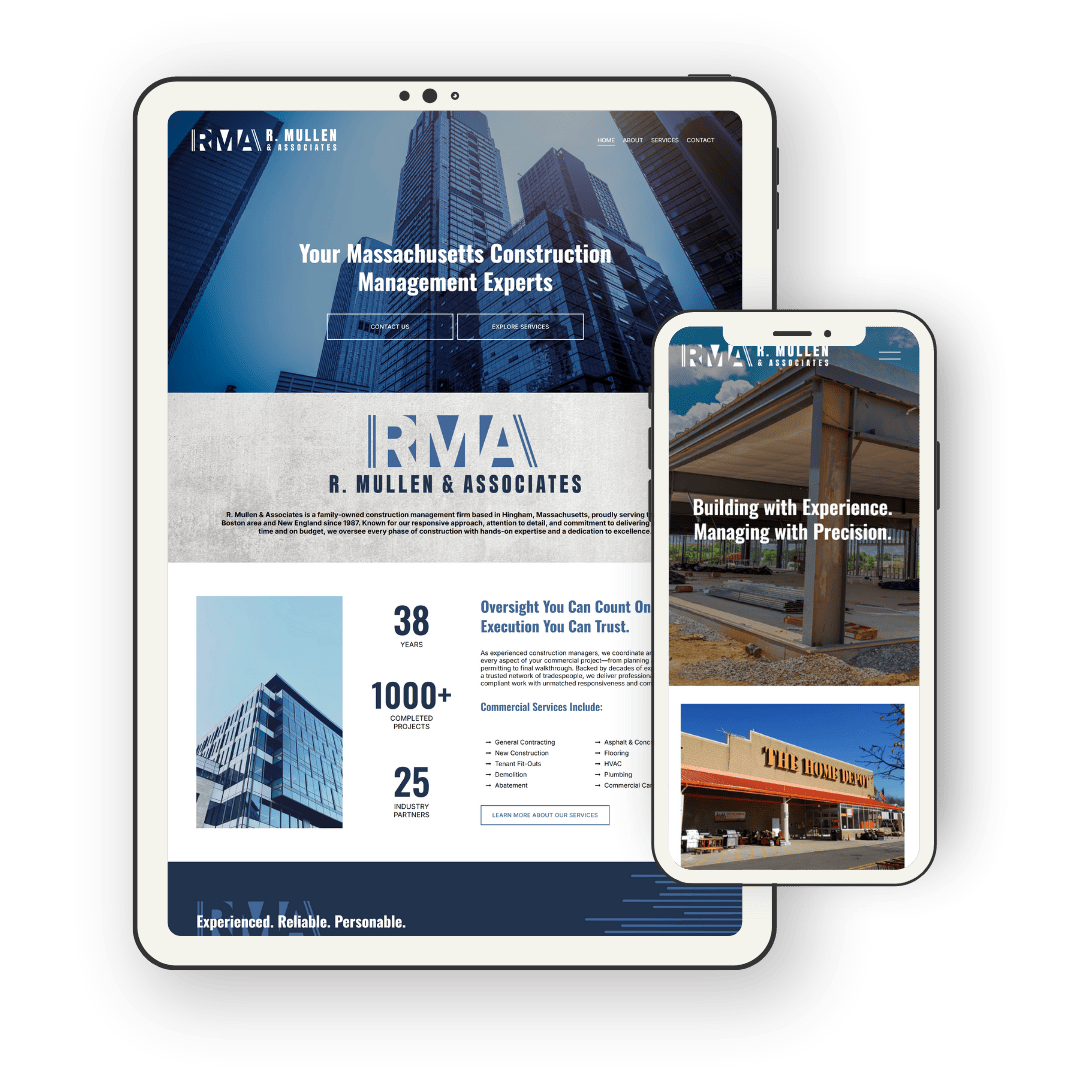 Website design on tablet and smartphone screens for R. Mullen and Associates, featuring images of city skyscrapers and text about their services and experience.