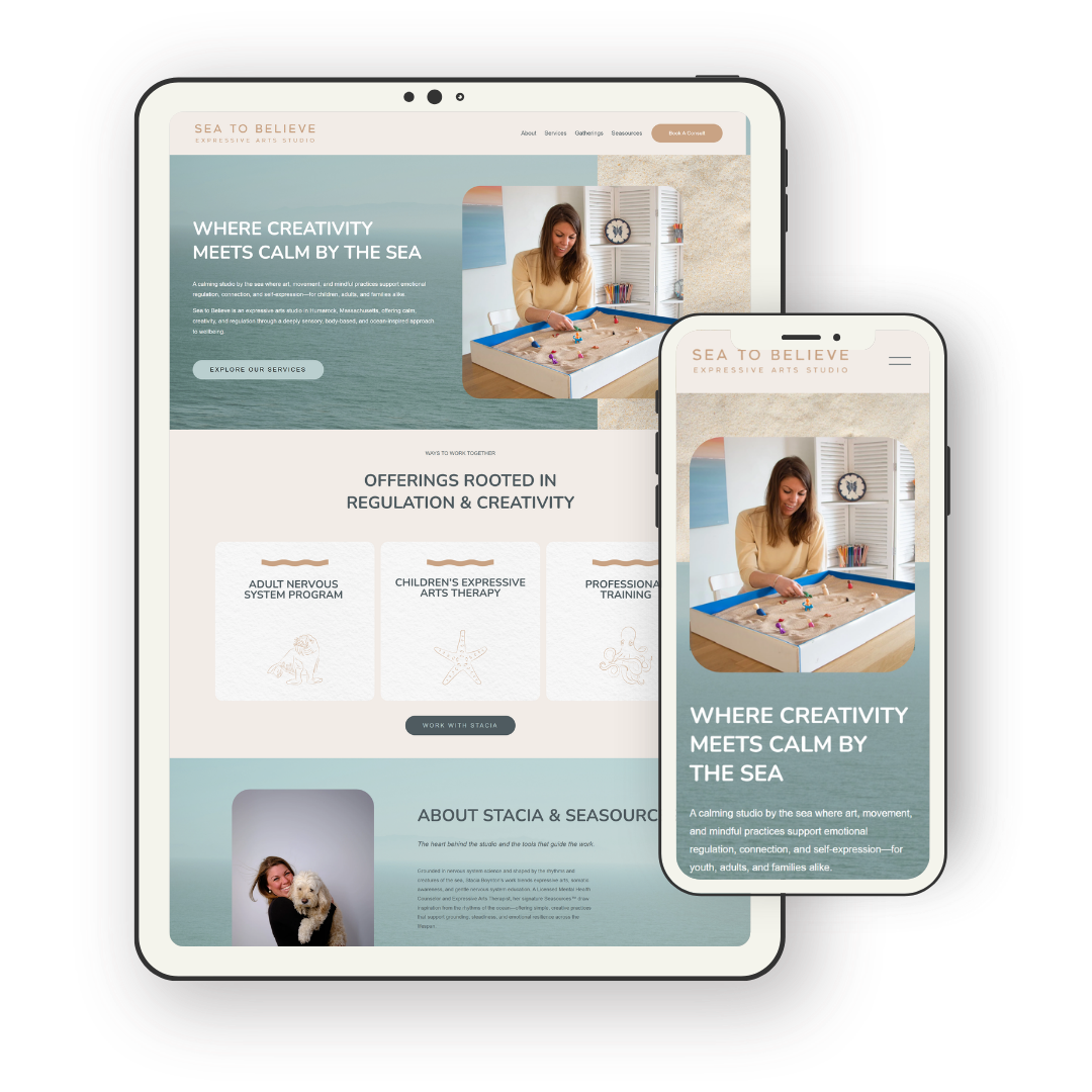 A website displayed on tablet and smartphone screens featuring a calming sea-themed arts studio called 'Sea to Believe,' with an interior image of a woman playing with a sand tray, and sections describing services and about information.