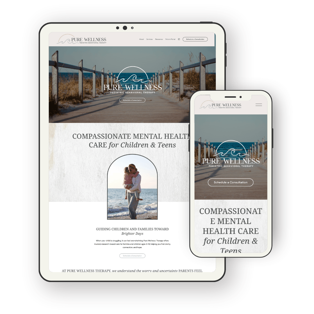 Website design on tablet and smartphone screens for Pure Wellness Pediatric Behavioral Therapy, featuring images of a beach boardwalk and a woman and child and text about their services and experience.