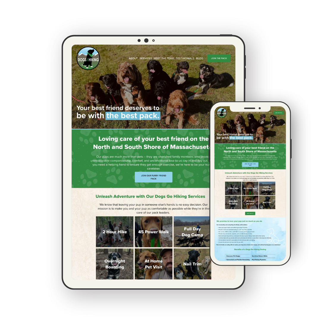 Responsive website displayed on a tablet and phone for Dogs Going Hiking, featuring a group of dogs outdoors on a grassy field, with green and blue website sections promoting dog hiking services in Massachusetts.