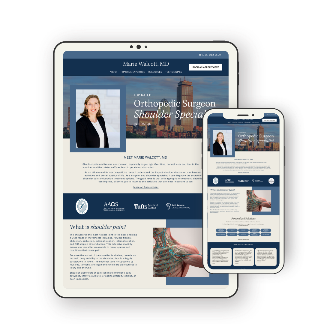 Responsive medical web page and mobile view displaying Dr. Marie Walcott's orthopedist surgery services, with a background image of a city skyline.
