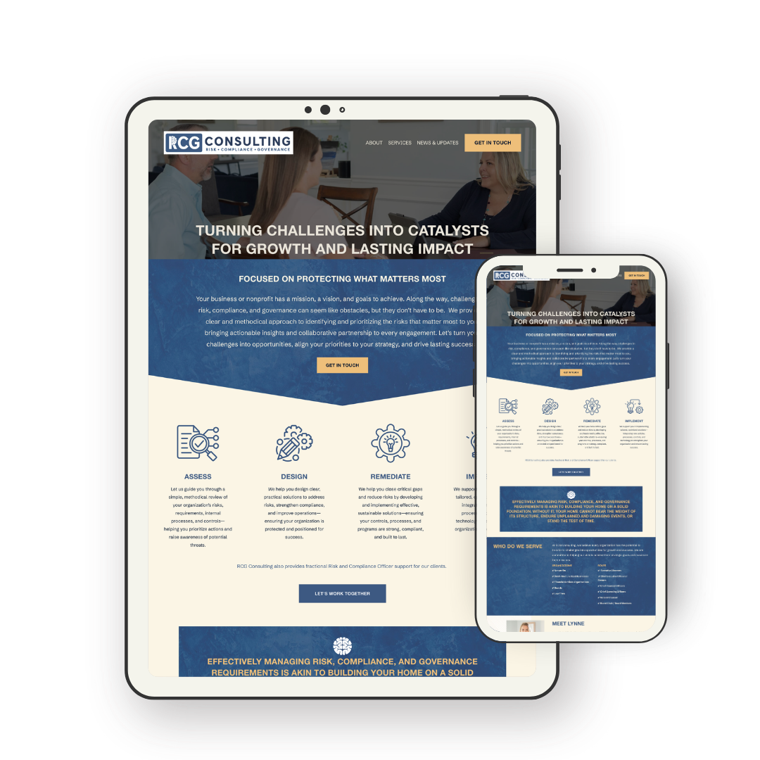 Website for RCG Consulting displayed on tablet and smartphone, featuring a banner image of a business meeting, with sections about assessing, designing, and remediating risk, compliance, and governance.