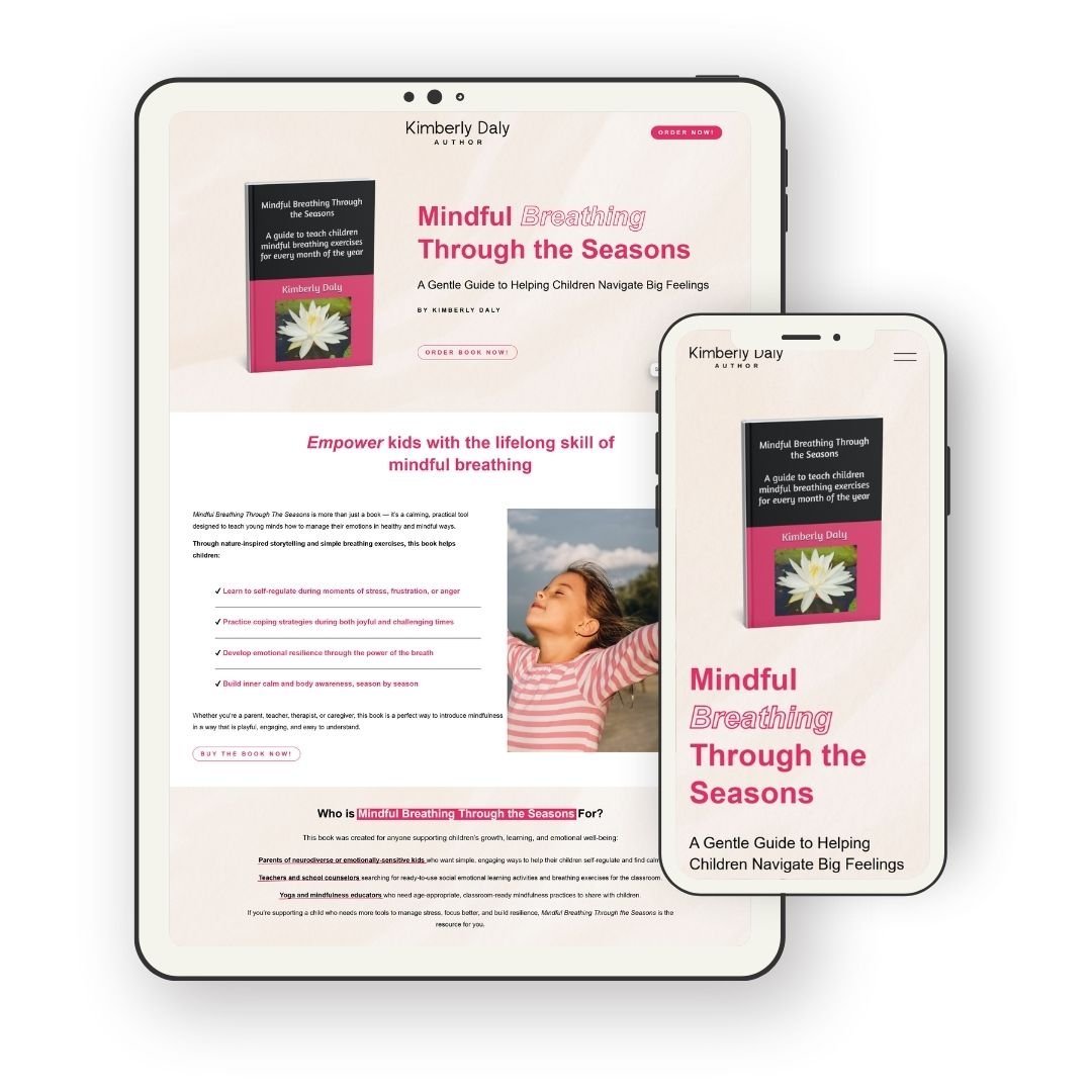 A digital tablet and smartphone displaying a book promotion webpage for 'Mindful Breathing Through the Seasons' by Kimberly Daly, featuring a young girl with her arms outstretched outdoors.