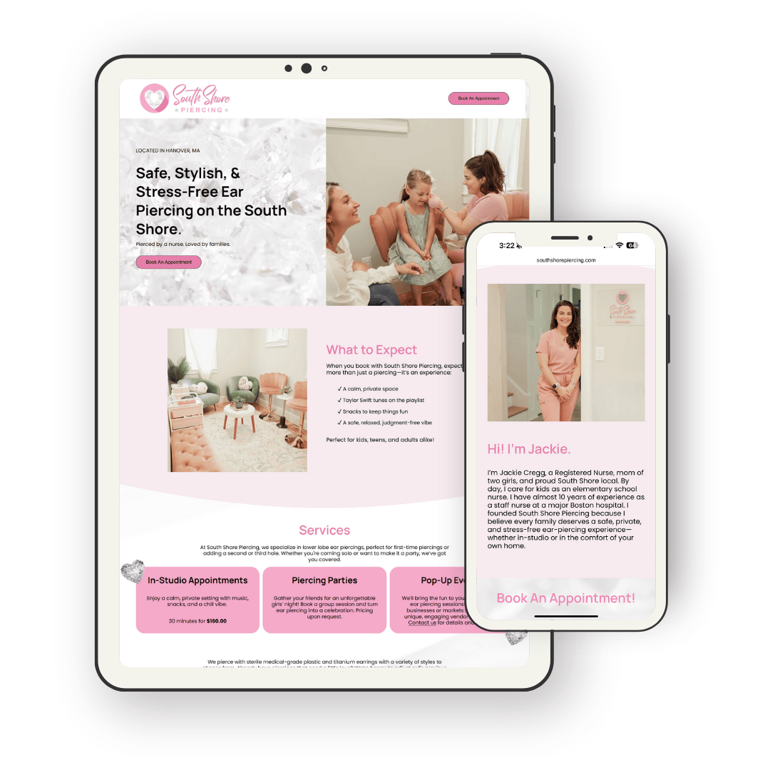 Website design on tablet and smartphone screens for South Shore Piercing, featuring images of children getting their ears pierced and a woman in pink scrubs and text about their services and experience.