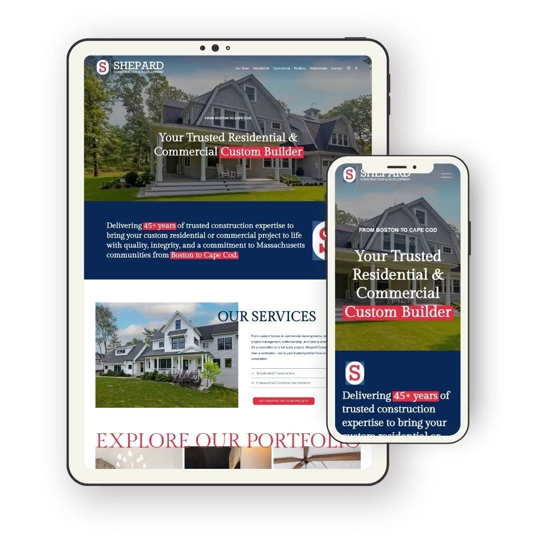 Website design on tablet and smartphone screens for Shepard Construction & Development, featuring images of residential houses and text about their services and experience.