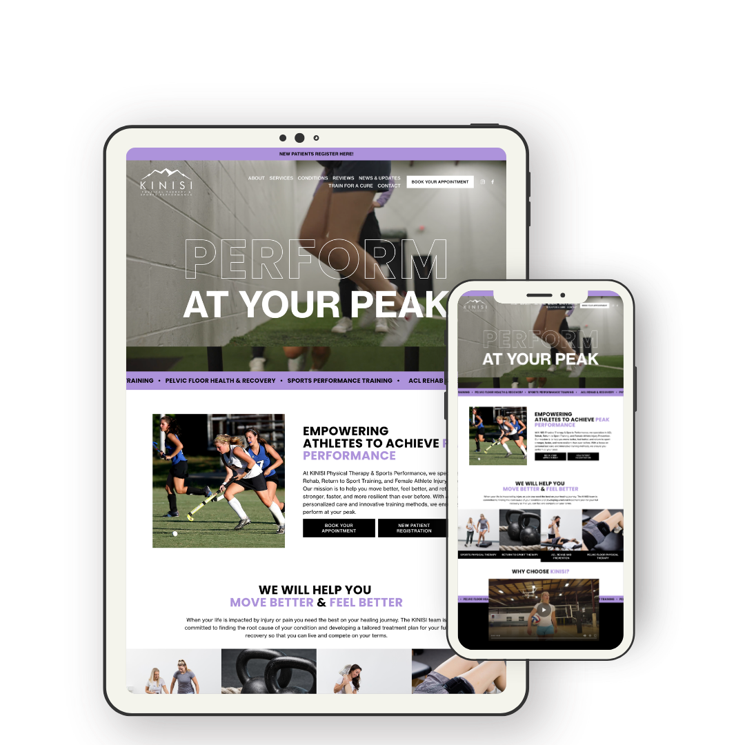 Website on a tablet and phone for a physical therapy and sports performance clinic called KINISI, displaying images of athletes and healing procedures.