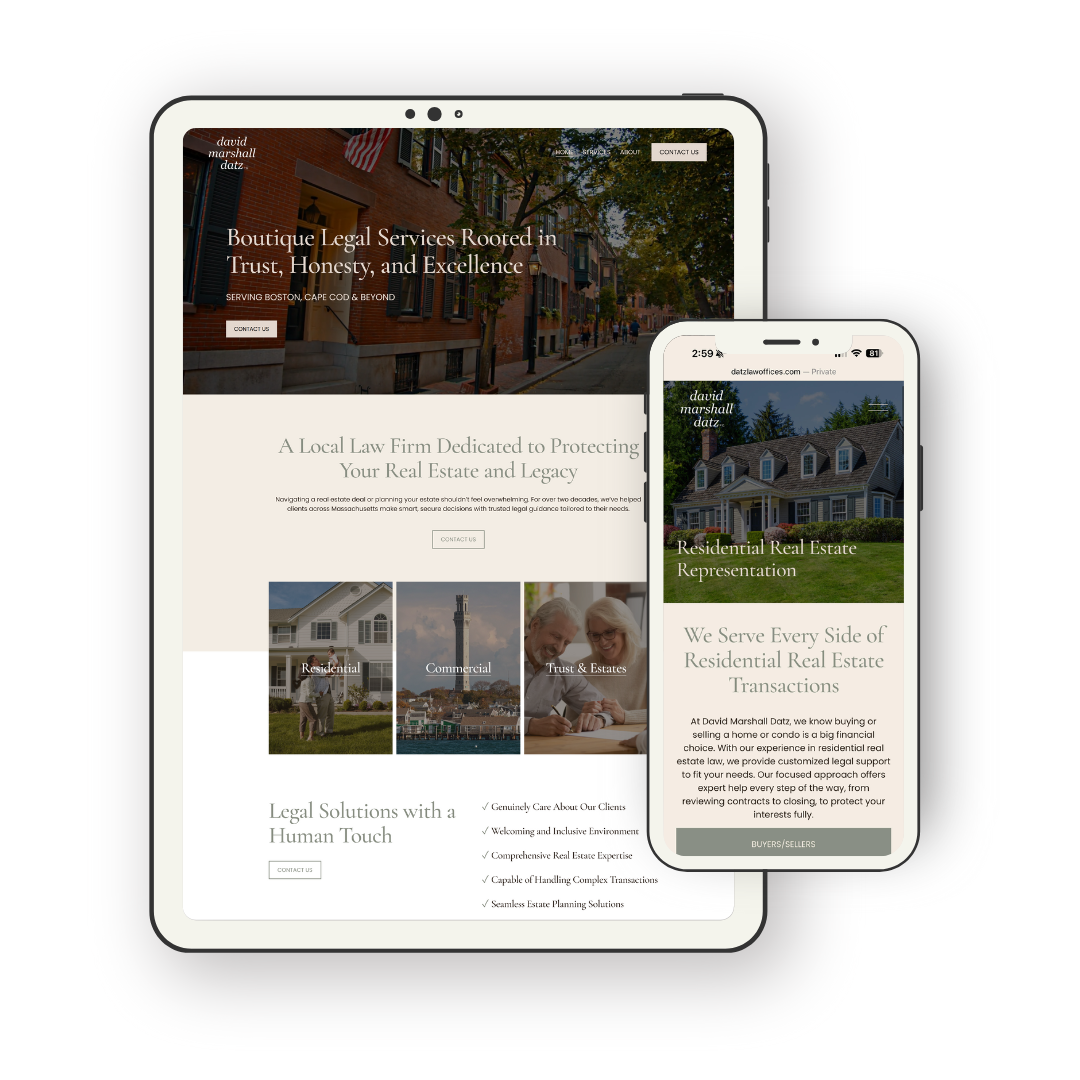 Display of a website on a tablet and a smartphone for a legal services firm specializing in real estate, showing homepage content with images of houses and legal professionals.