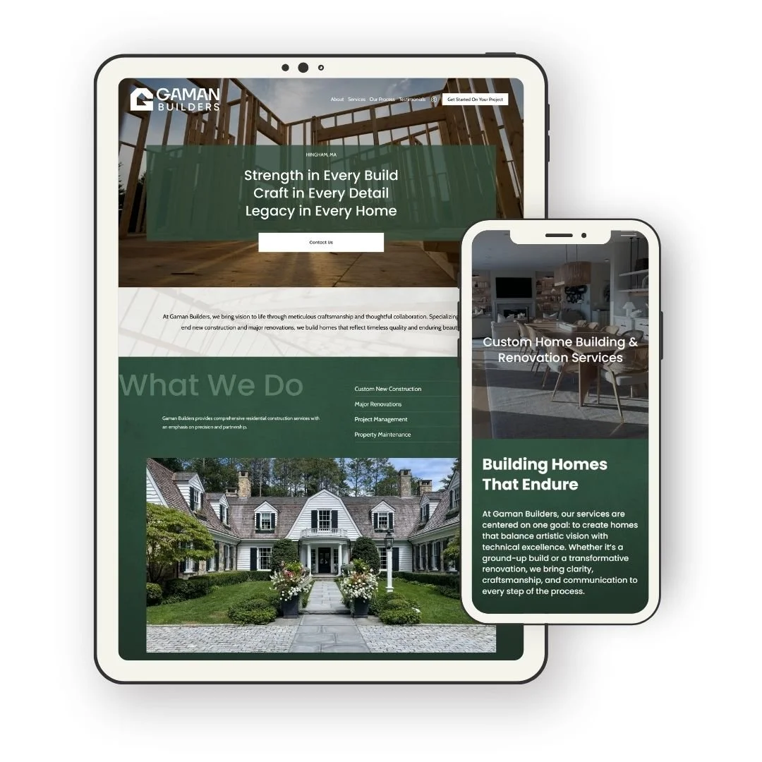 Screenshot of a website displaying home construction and renovation services, shown on tablet and smartphone screens with images of a house, a construction site, and interior design.