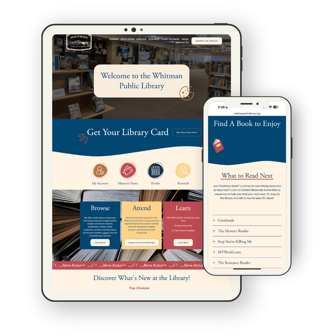 Website design on tablet and smartphone screens for Whitman Public Library, featuring a picture of a library and text about their services.