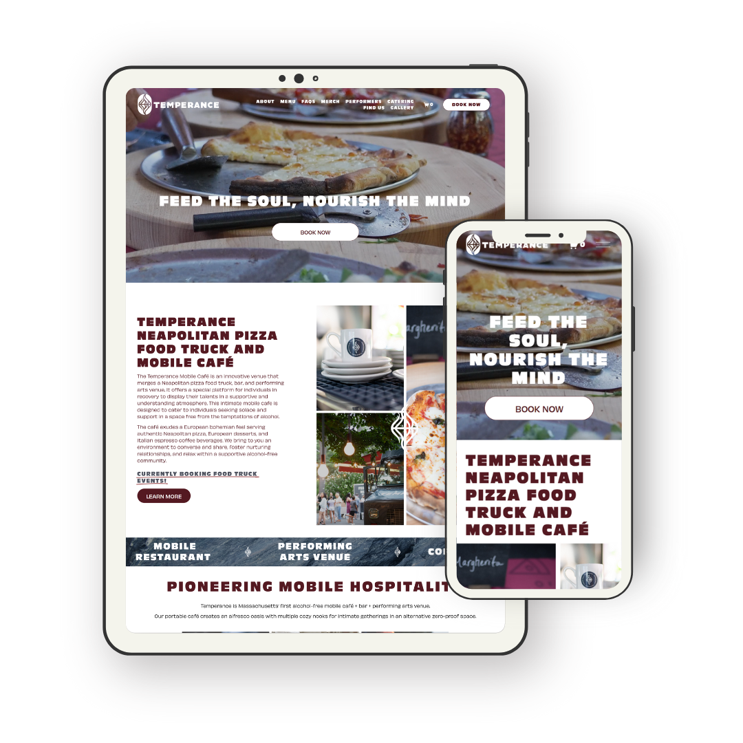 Website homepage for Temperance, a mobile food truck and arts venue, shown on tablet and phone screens. Features images of pizza, tableware, and outdoor seating.