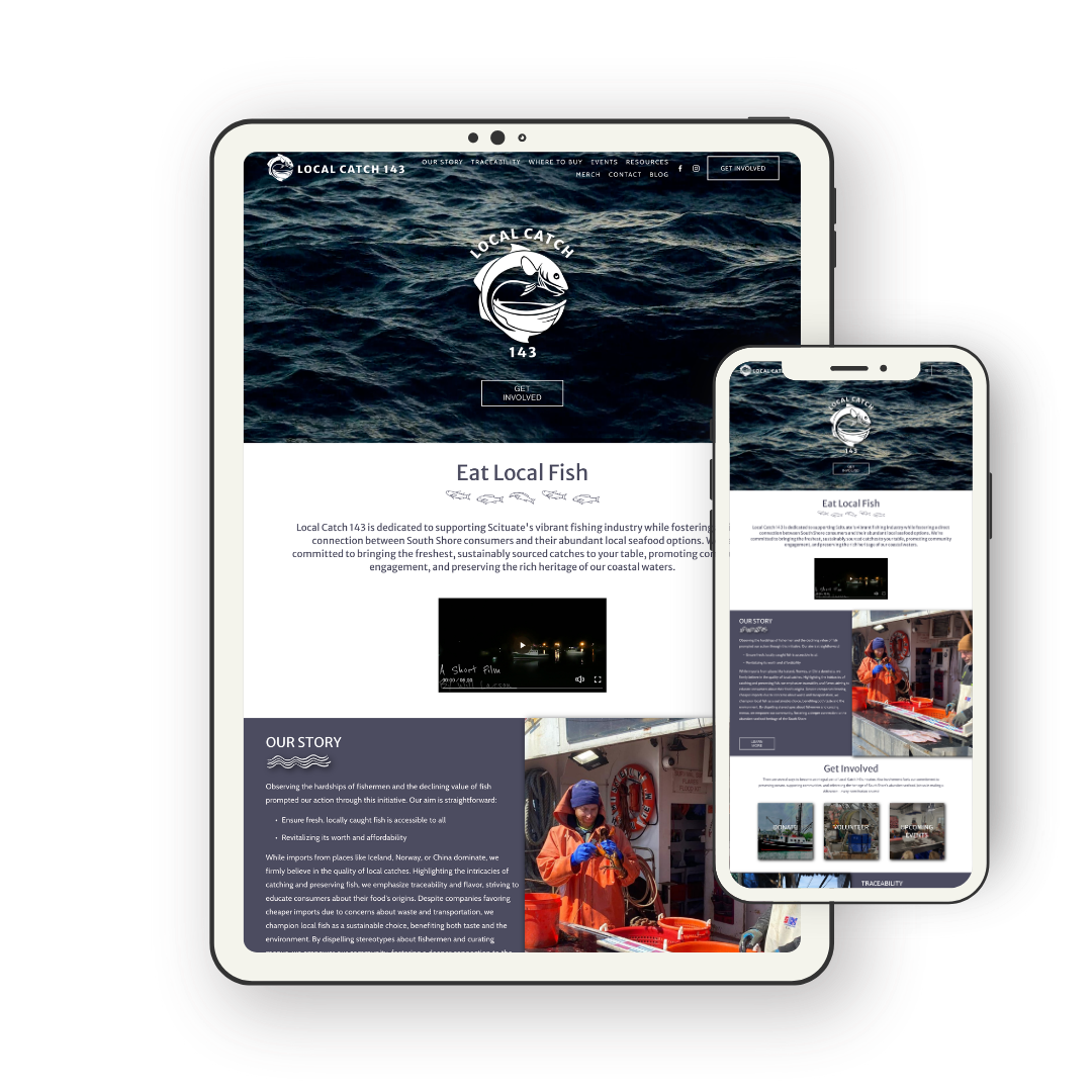 A tablet and a smartphone displaying the same website for Local Catch 143, a seafood business, with a background of ocean waves, and a section about supporting local fishers with images of people fishing.
