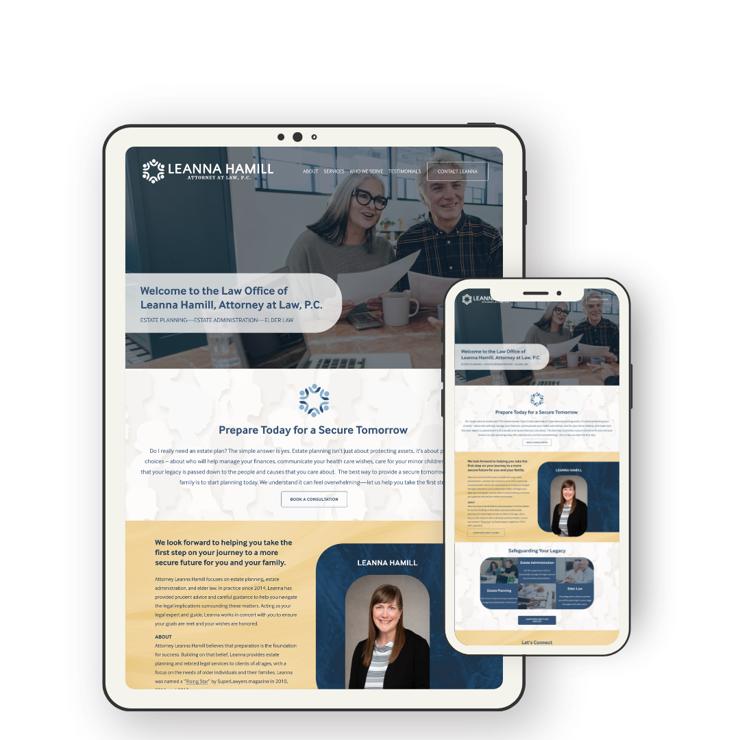 Website homepage of Leanna Hamill's law office displayed on a tablet and smartphone, featuring an image of two women and a man at a desk, with text about legal services and a call to action.