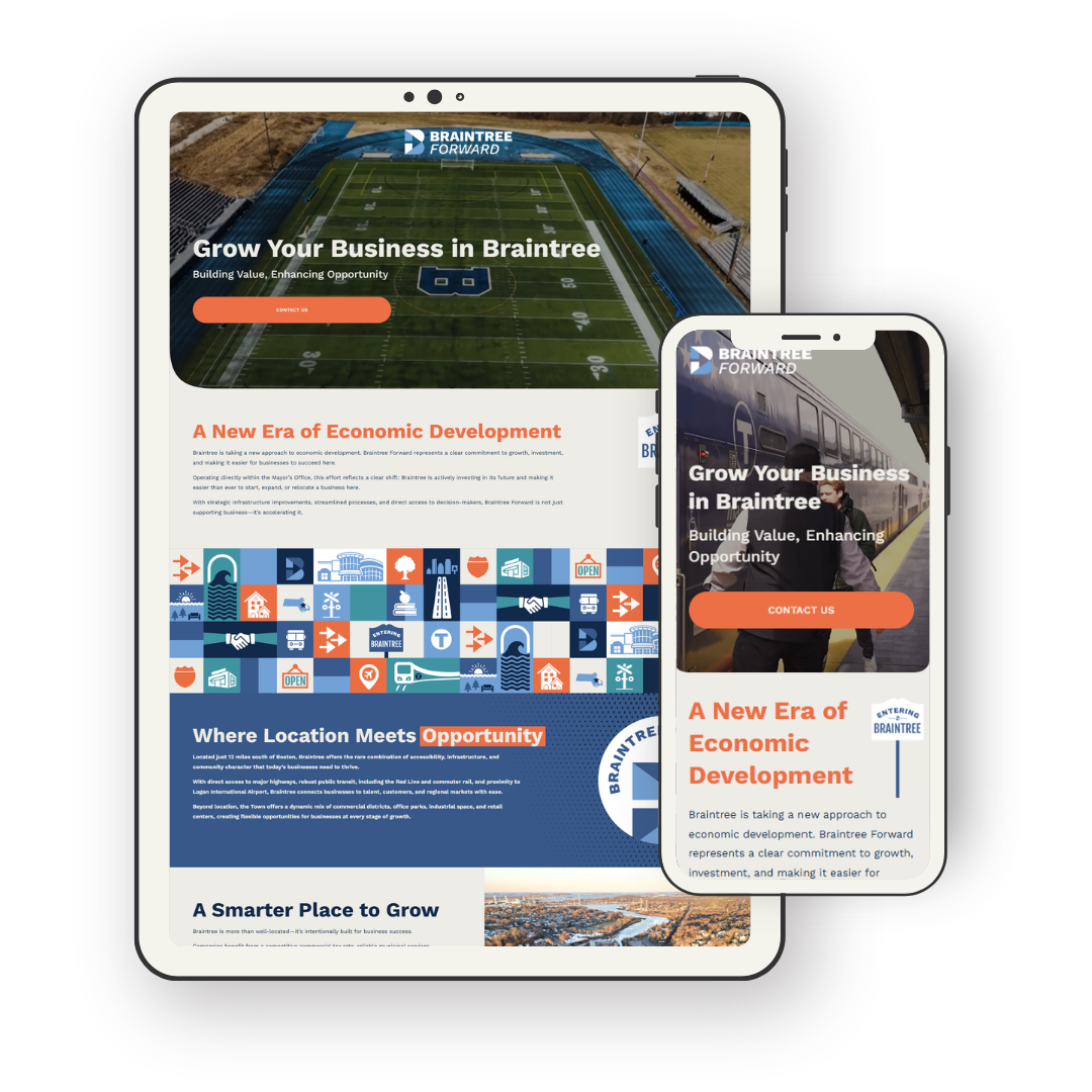 Website homepage on tablet and mobile showing Braintree Forward initiative promoting economic development, featuring a football field, train, and community icons.