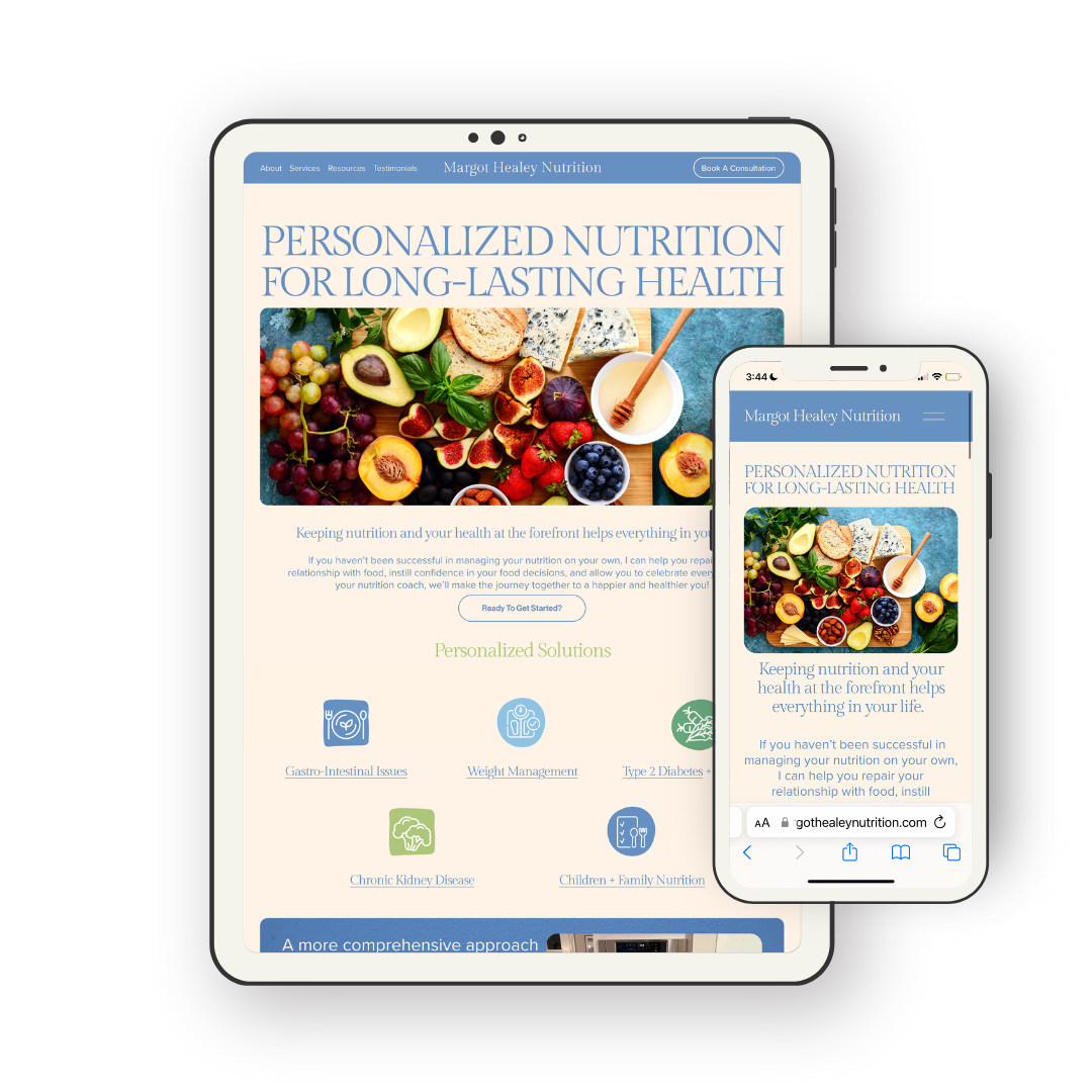 Website and mobile screen displaying 'Margot Healey Nutrition' with the tagline 'Personalized Nutrition for Long-Lasting Health', featuring an image of various fresh fruits, bread, cheese, honey, and berries.