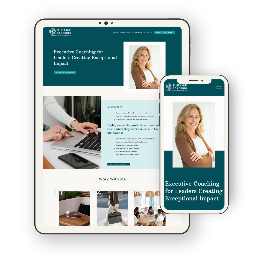 A website displayed on a tablet and a smartphone promoting executive coaching for leaders, featuring a smiling woman with blonde hair, a blue and white color scheme, and sections about coaching services and work options.