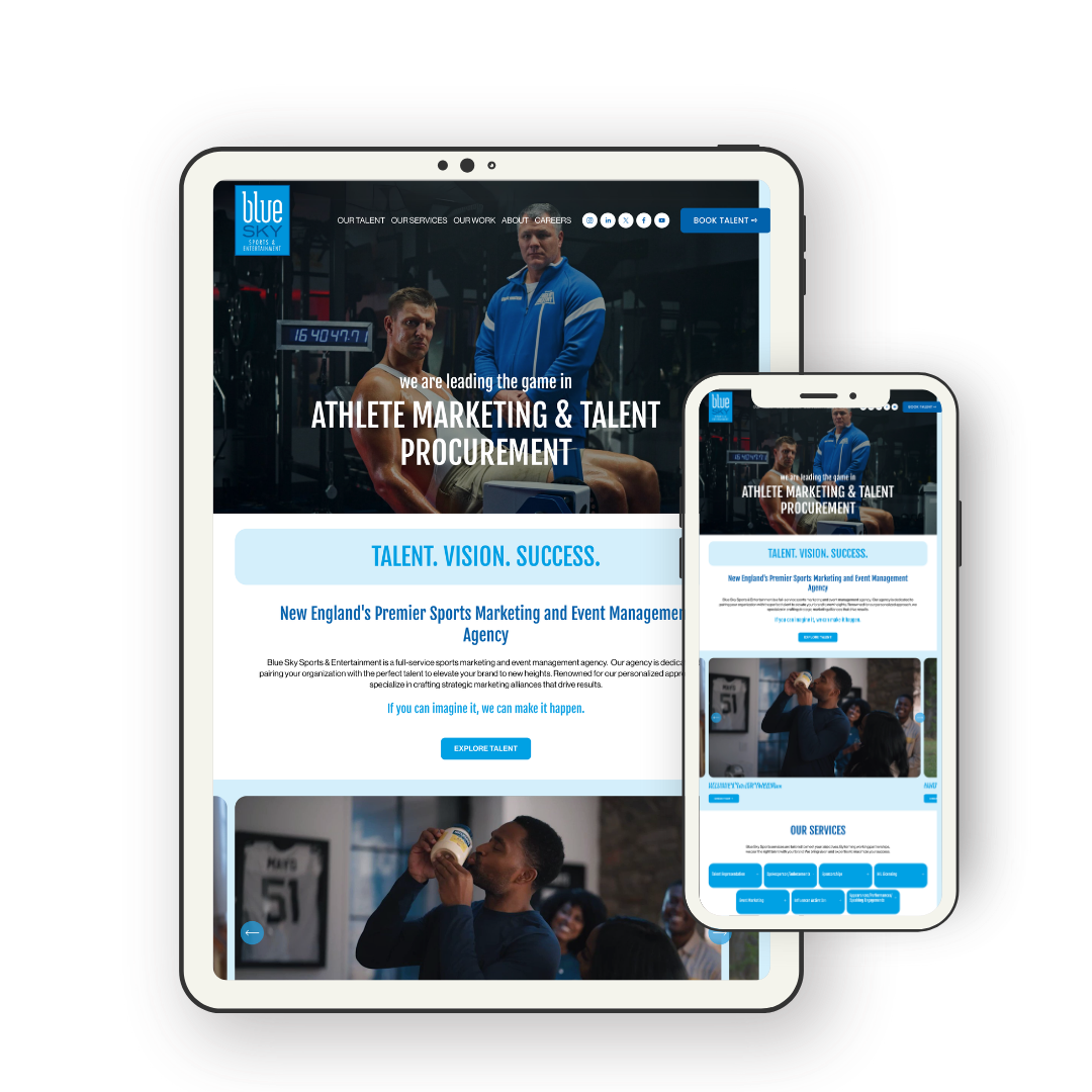 Website homepage for Blue Sky Sports & Entertainment featuring images of athletes, fitness training, and event management services with a blue and white color scheme.