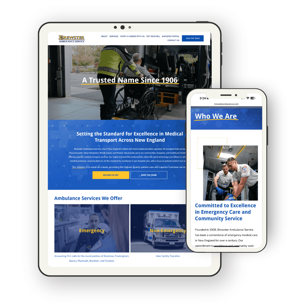Website and mobile view of Brewster Ambulance with images of emergency medical technicians assisting patients and text about their services.