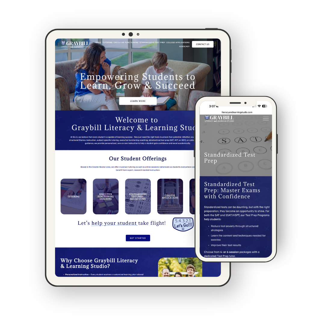 Tablet and smartphone displaying the Graybill Literacy & Learning Studio website, featuring options for tutoring, test prep, and college applications, with a header image of a woman and a child reading.