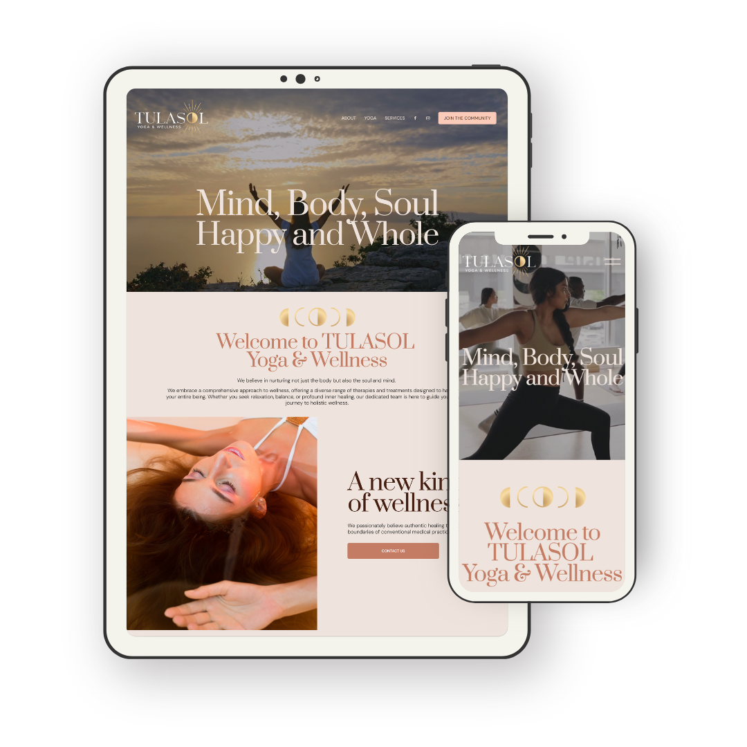 Website displayed on tablet and smartphone screens for TULASOL Yoga & Wellness, featuring images of people practicing yoga during sunrise and indoors, with welcoming text about holistic wellness and yoga services.